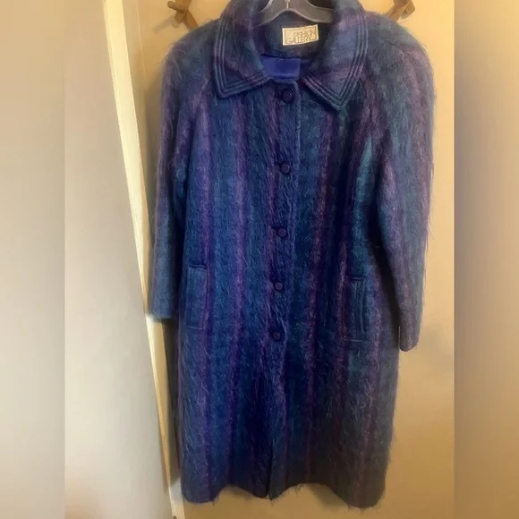 Fashion Gallery Blue Purple Mohair Wool Plaid Longline Coat M - Picture 2 of 14